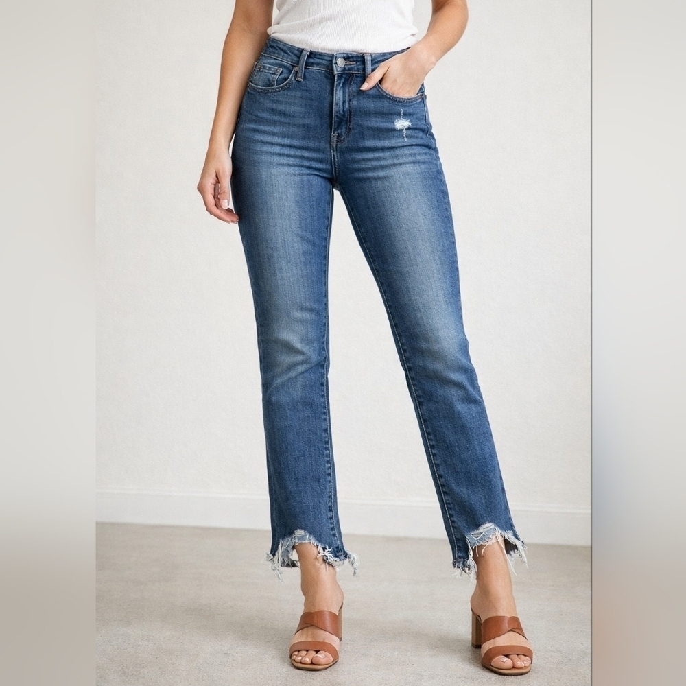 Just Black Dark Blue Women's Cropped Skinny Jeans Fray Shark Bite Ankle Size 24
